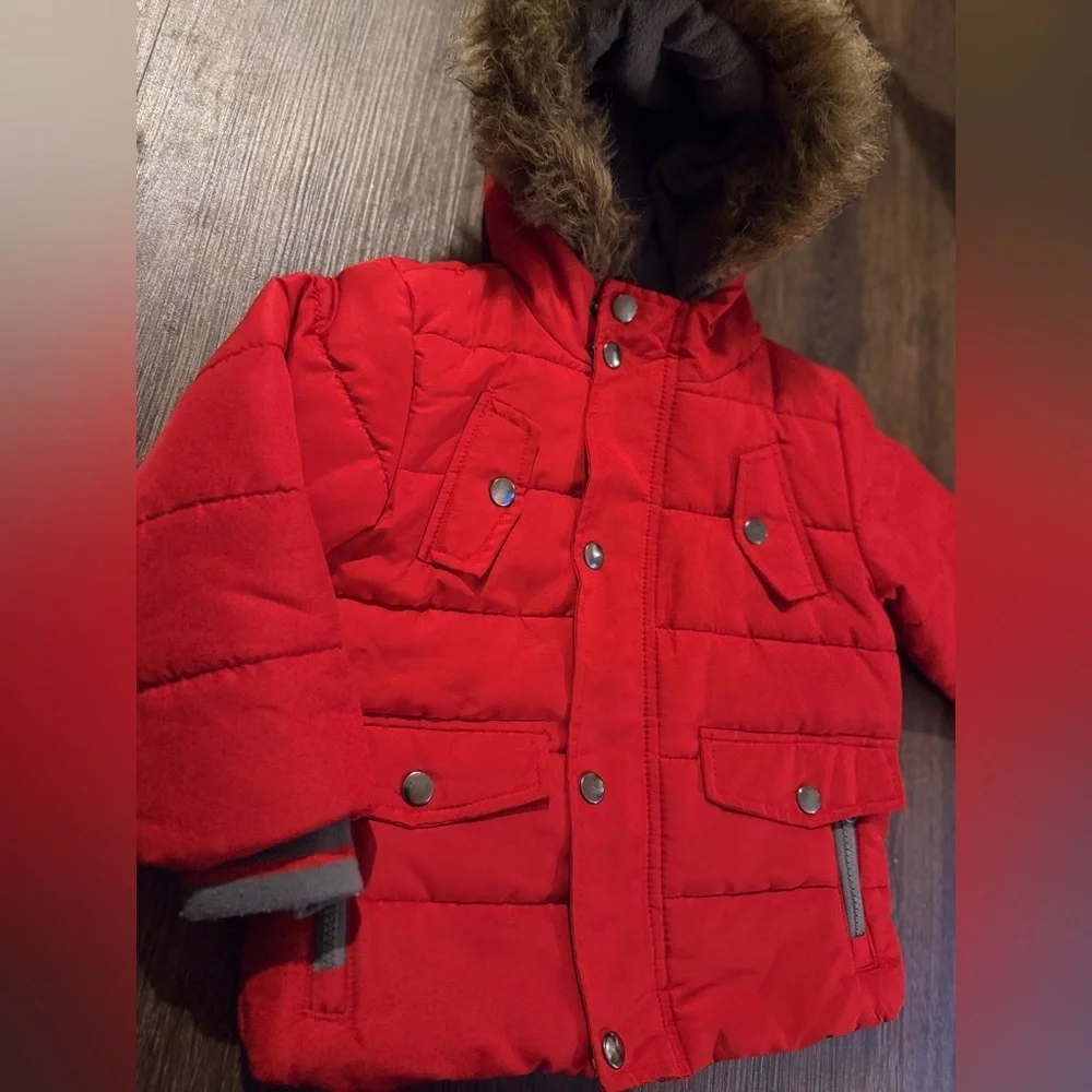 Red Hooded Puffer Jacket with Faux Fur Trim